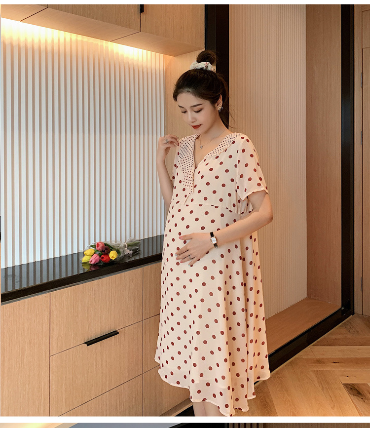 เดรสคลุมท้องแฟชั่น ผ้าชีฟอง ลายจุด มีซับใน ผ้าเนื้อดี ใส่สวย ดีไซน์เก๋ M L XL XXL