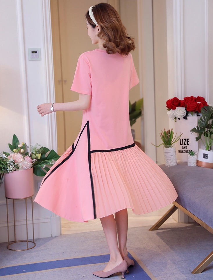 เดรสคลุมท้องแฟชั่น ช่วงบนเป็นผ้ายืดเนื้อนิ่ม ใส่สบาย ช่วงล่างตัดเส้น เป็นชีฟองอัดพรีท M L XL XXL