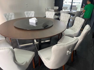 TRP Round Table 圆桌会议 餐桌 中式餐桌 配有旋转镜组 โต๊ะกลมขาสเตนเลสพร้อมชุดกระจกจานหมุนเและเก้าอี 8 ตัว โต๊ะทานหารทานข้าว ขนาด 180 ซม. Trp.Tablechairthai / ทีอาร์พี.โต๊ะเก้าอี้ไทย