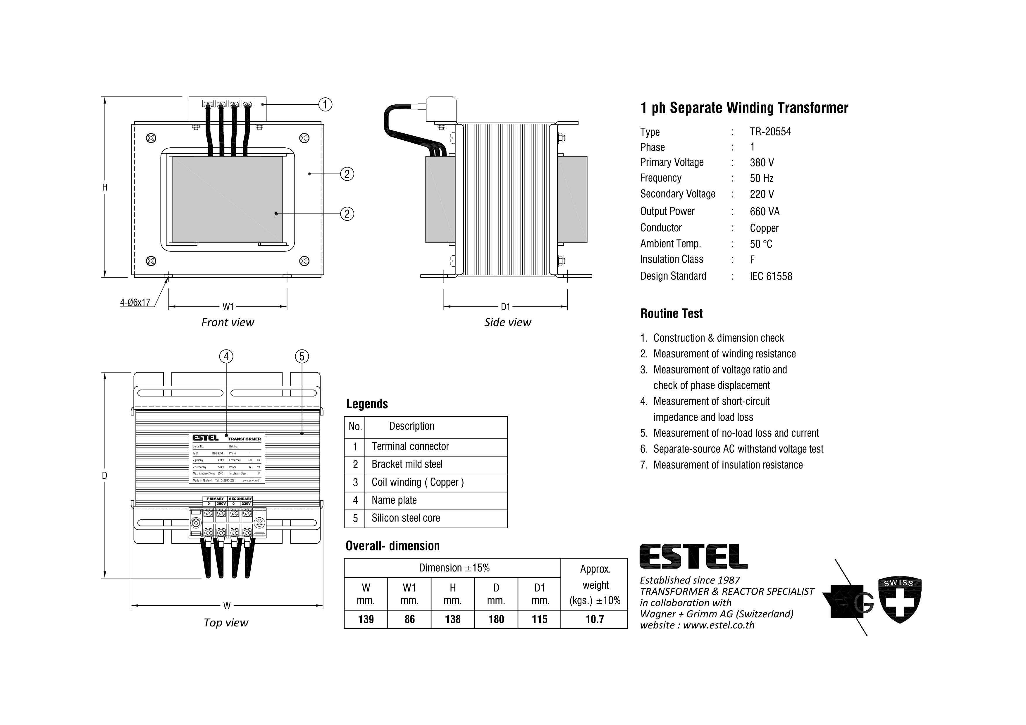 หม้อแปลงESTEL Input 0 380 VAC Output 0 220 VAC 660VA