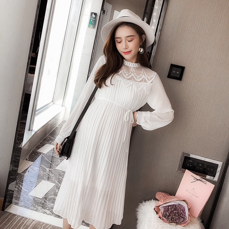 เดรสคลุมท้องแฟชั่นแขนยาว ผ้าชีฟอง คอลูกไม้ ช่วงไหล่ซีทรู พรีททั้งชุด มีซับใน M L XL,XXL