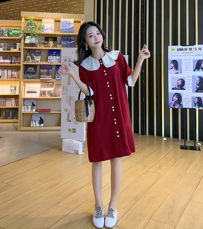 เดรสคลุมท้องแฟชั่น ทรงตุ๊กตา คอบัว กระดุมเปิดให้นมได้ ช่วงปก ทำย่นเพิ่มความน่ารัก M L XL XXL