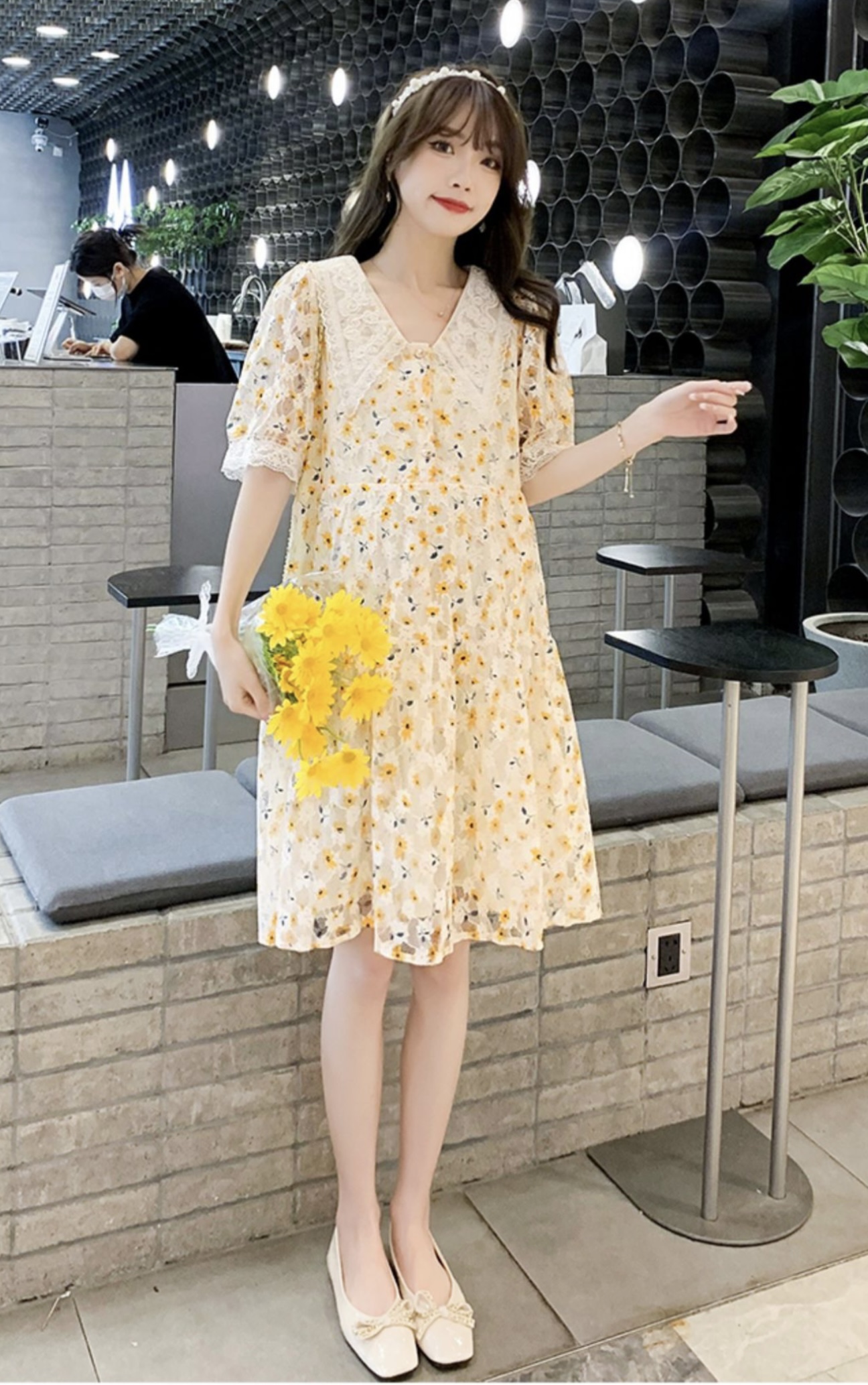 เดรสคลุมท้องแฟชั่น ปกใหญ่ ผ้าลูกไม้มีซับใน ปลายแขนและปก แต่งด้วยลูกไม้ ผ้าสวยใส่สบาย M L XL XXL