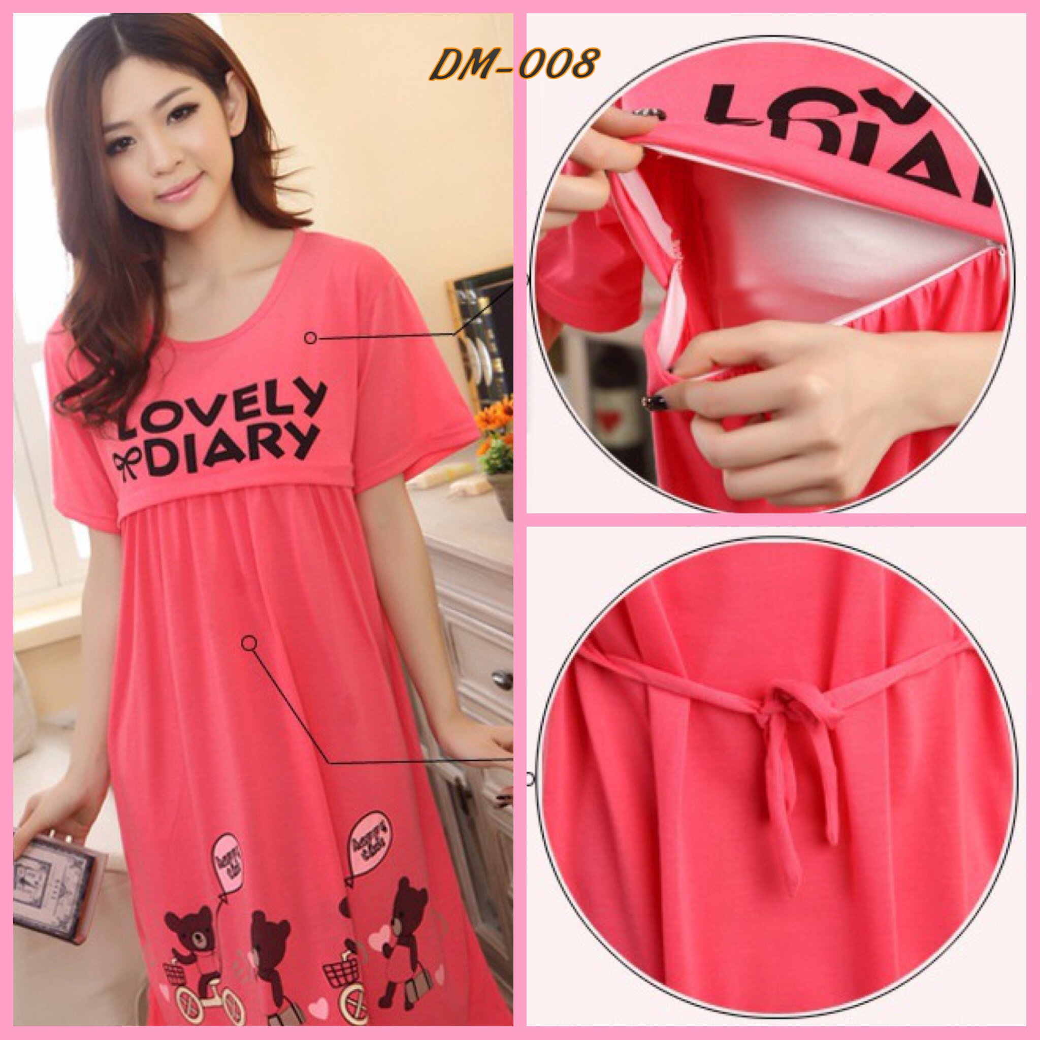 ชุดคลุมท้องเปิดให้นม สีบานเย็น น้ำแตงโม ลายหมีน้อย L , XL