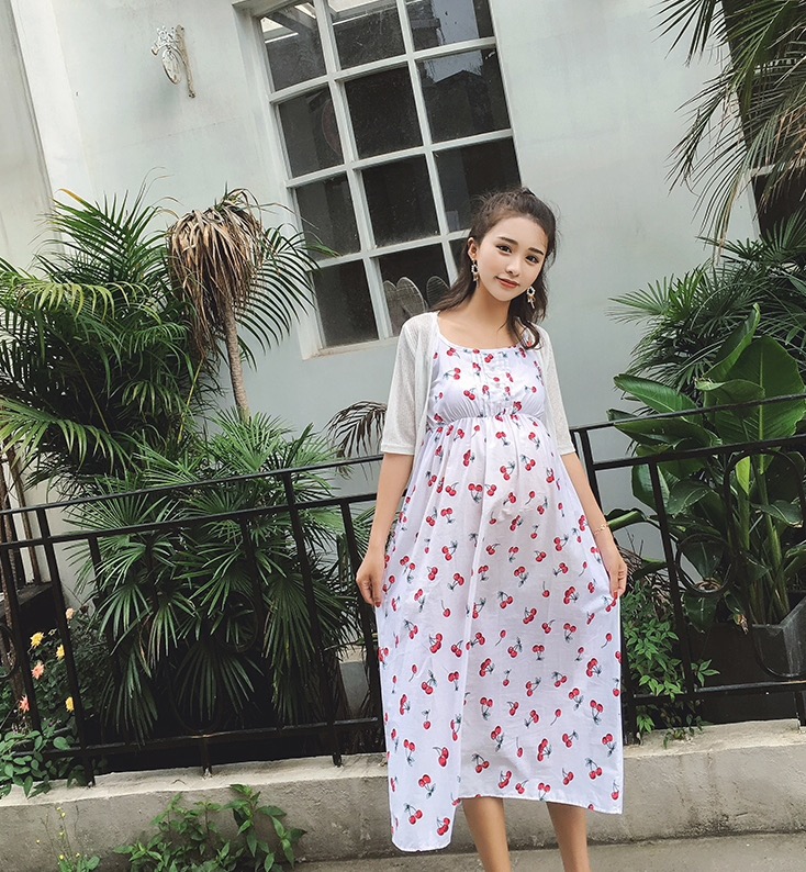 ชุดคลุมท้องสายเดี่ยวมาพร้อมเสื้อคลุม ชุดผ้าฝ้ายลายเชอรี่น่ารัก M L XL XXL