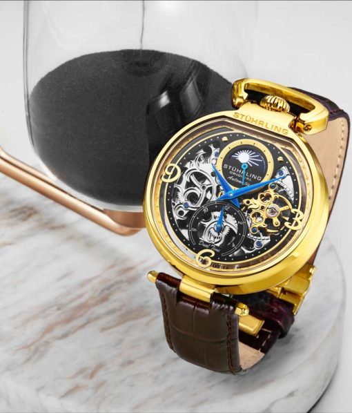 Stuhrling Original 889.02 นาฬิกาผู้ชาย Stuhrling Original รุ่น 889.02, Modena Automatic Dual Time Skeleton brown Genuine Leather Strap Men's Watch