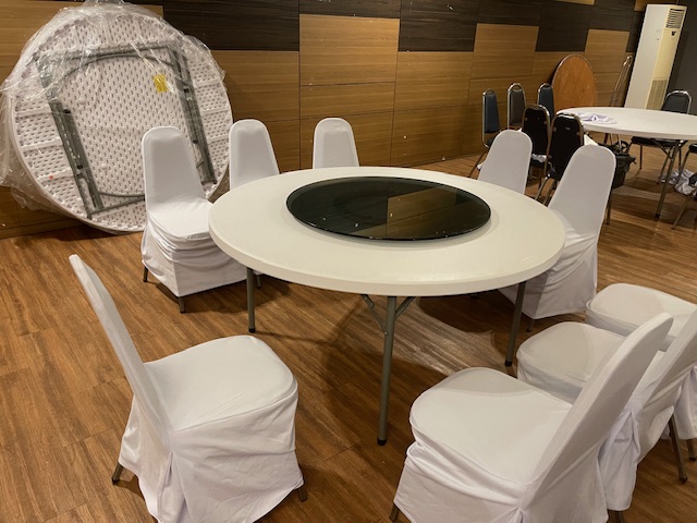 Trp.ทีอาร์พี Round Table Plastic 150 cm. 圆桌会议 餐桌 中式餐桌 配有旋转镜组 โต๊ะกลมโต๊ะกลมพับขาหน้าพลาสติก ขาเหล็กสีอบ่โต๊ะจัดเลี้ยงโต๊ะอาหารโต๊ะจีนโต๊ะโรงแรมภัตตาคาร Trp. Tablechairthai