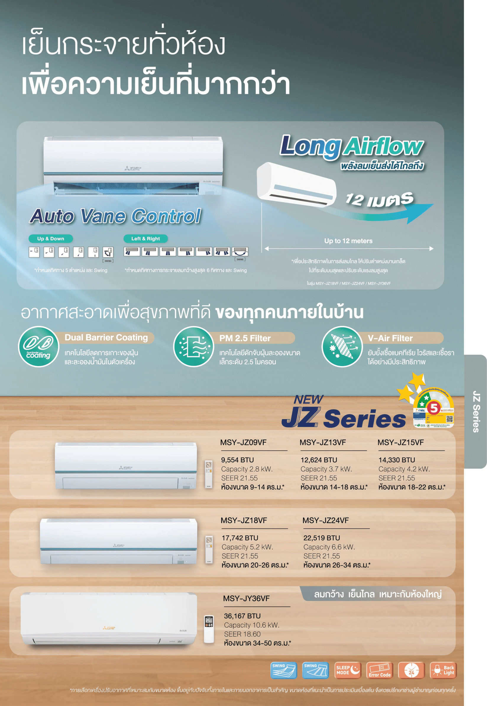 แอร์ MITSUBISHI ELECTRIC แบบติดผนัง ขนาด 9,554 BTU รุ่น MSY-JZ09VF(INVERTER) (STANDARD INVERTER)