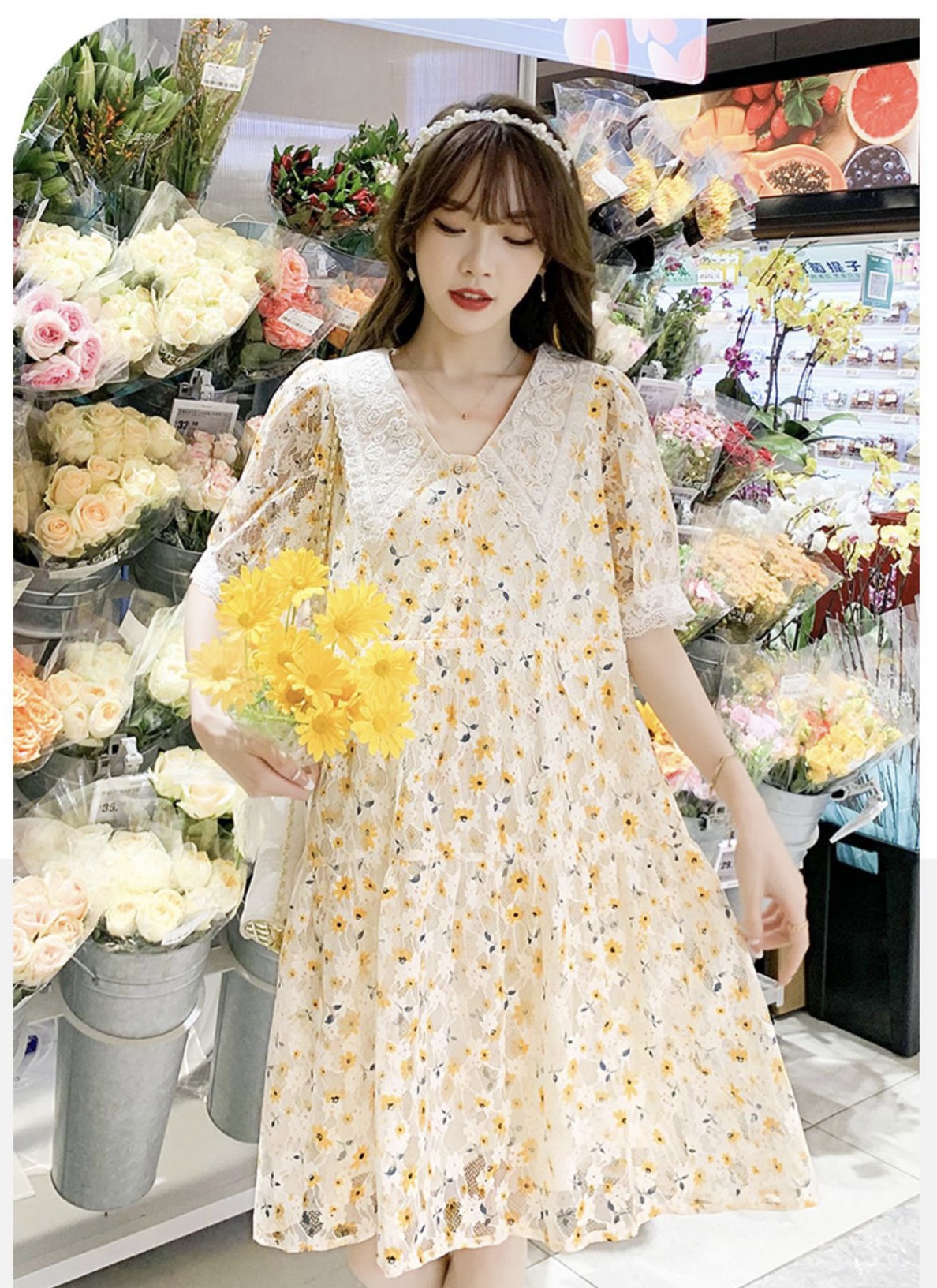 เดรสคลุมท้องแฟชั่น ปกใหญ่ ผ้าลูกไม้มีซับใน ปลายแขนและปก แต่งด้วยลูกไม้ ผ้าสวยใส่สบาย M L XL XXL