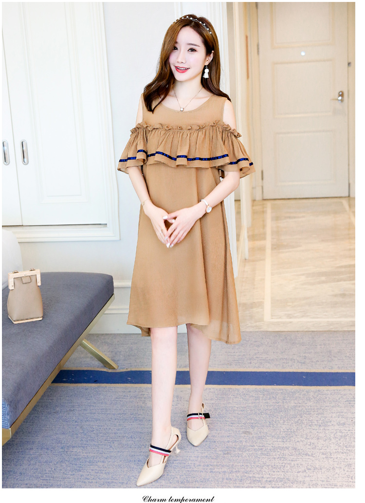 เดรสคลุมท้องแฟชั่นเปิดไหล่ ทำระบายช่วงอก รอบท้องใหญ่ใส่ได้ถึงคลอด M L XL,XXL