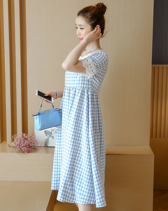 เดรสคลุมท้องแฟชั่นแขนสั้น แขนลูกไม้ ด้านหลังเป็นซิบ รอบท้องใหญ่ทรงระบาย ใส่ถึงคลอด M L XL XXL