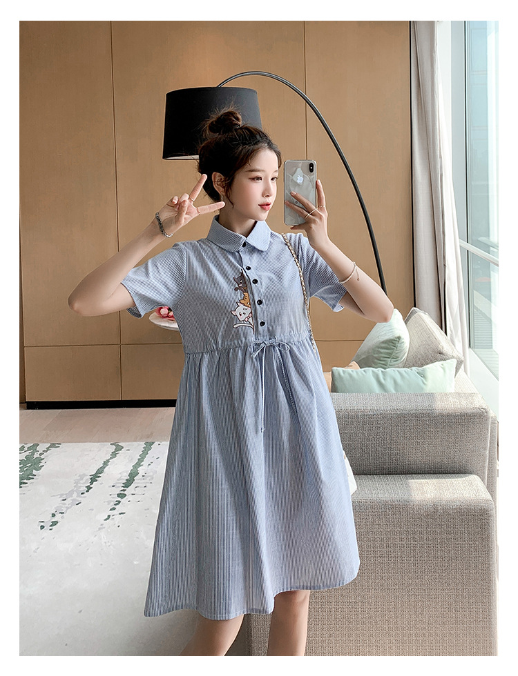 เดรสคลุมท้องแฟชั่นคอปกแขนสั้น ผ้าฝ้ายเหมียวน้อยน่ารัก ผ้าลายสวย มีเชือกปรับขนาดครรภ์ได้ กระดุมเปิดให้นมก็ได้ M L XL XXL