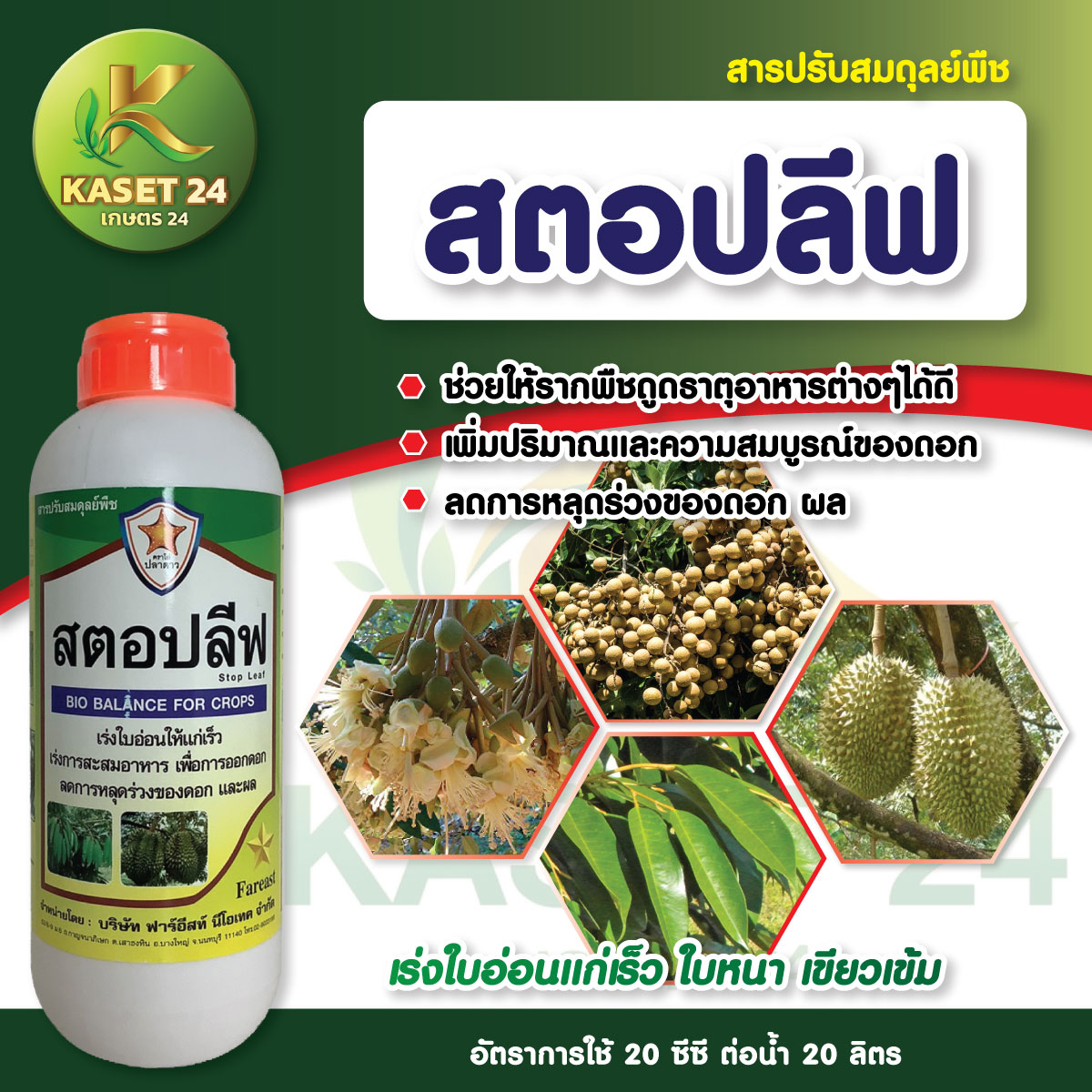 ฮอร์โมนหยุดยอด สตอปลีฟ เร่งใบอ่อนให้แก่เร็ว สะสมอาหาร เพื่อการออกดอก ลดการหลุดร่วงของดอกและผล (ขนาด 1 ลิตร) ส่งฟรีเก็บเงินปลายทาง (ไม่บวกเพิ่ม)