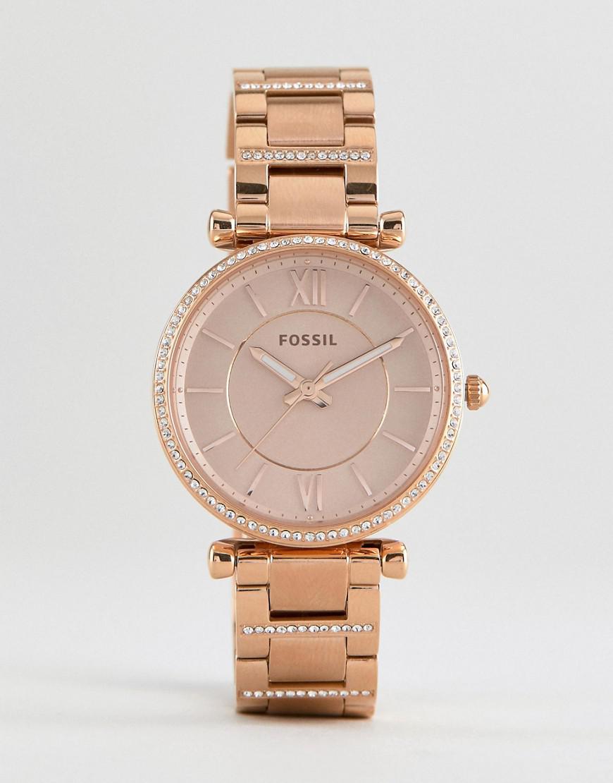 Fossil ES4301 นาฬิกาผู้หญิง Carlie Three-Hand Rose-Gold-Tone Stainless Steel Quartz Women's Watch