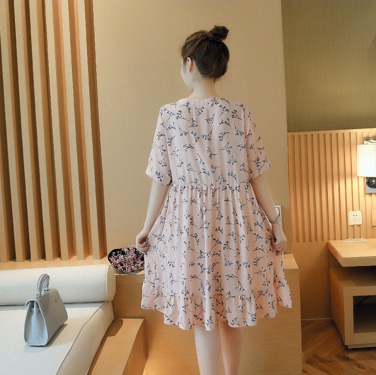 เดรสคนท้อง ชมพูลายดอกไม้ ผ้านิ่มใส่สบาย M,L,XL,XXL