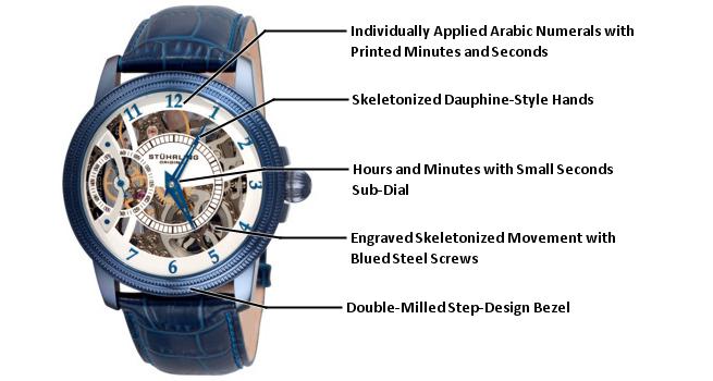 Stuhrling Original 228.33L5C3 นาฬิกาผู้ชาย Stuhrling Original รุ่น 228.33L5C3, Symphony Saturnalia Brumalia Mechanical Skeleton Blue Men's Watch