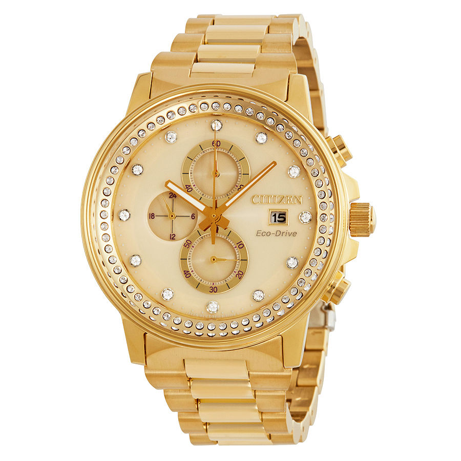 Citizen FB3002-53P นาฬิกา ชาย-หญิง Eco-Drive Nighthawk Chronograph Gold Tone Swarovski Unisex Watch