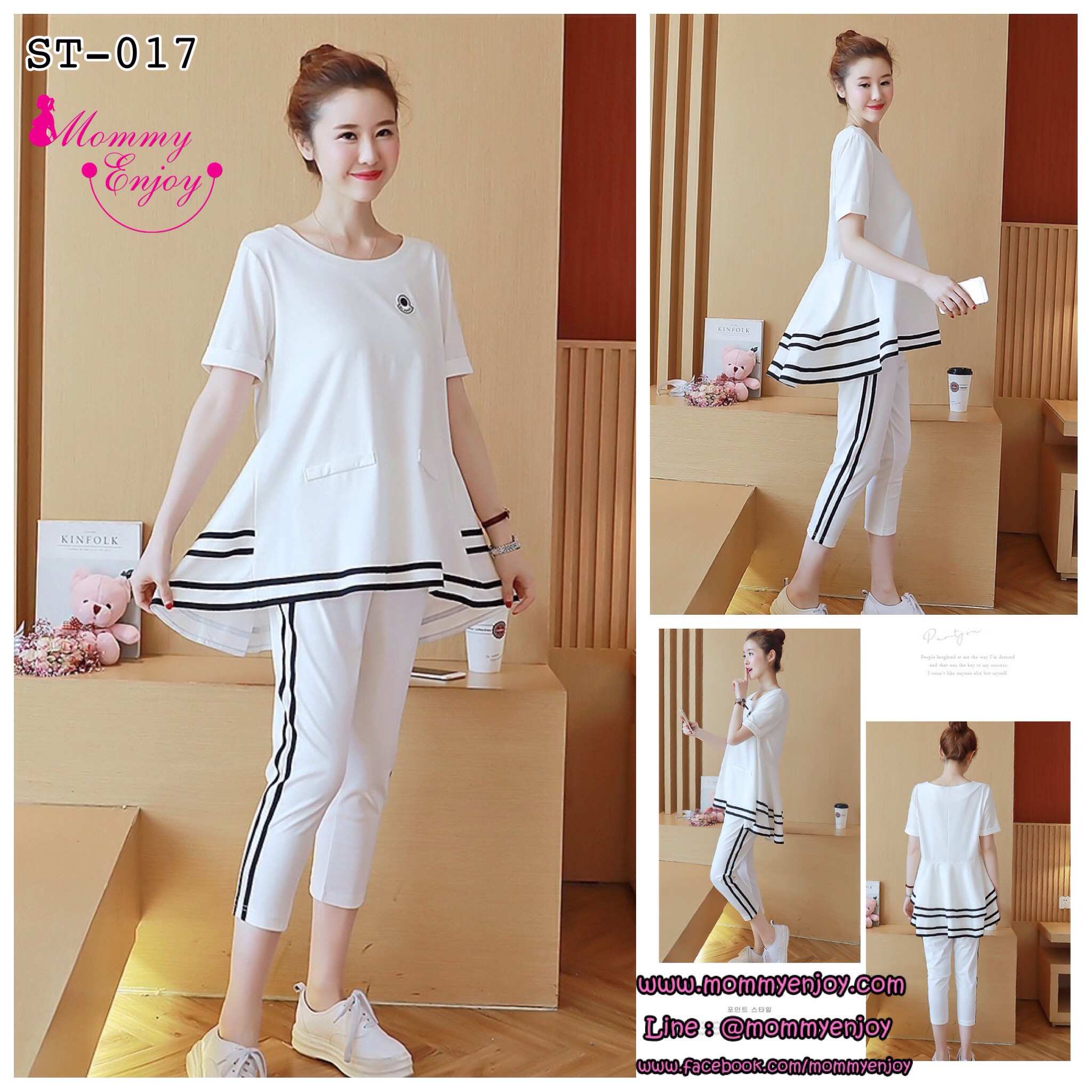 ชุดเสื้อ+กางเกง 5ส่วน ลายเส้นสปอต ดูคล่องตัว กระเป๋าหลอก เบาสบาย น่ารัก M,L,XL,XXL