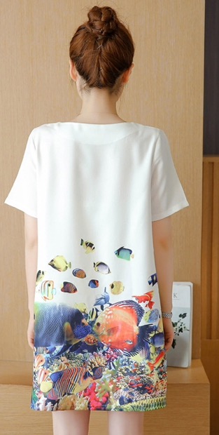 เดรสคลุมท้อง ผ้าชีฟองเนื้อดี พิมพ์ลายท้องทะเล น่ารัก M,L,XL,XXL