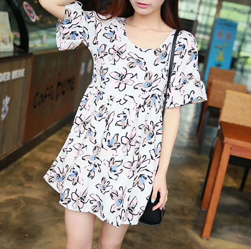 ชุดคลุมท้อง ลายดอกไม้หวานๆ ขาวชมพู S,M,L,XL