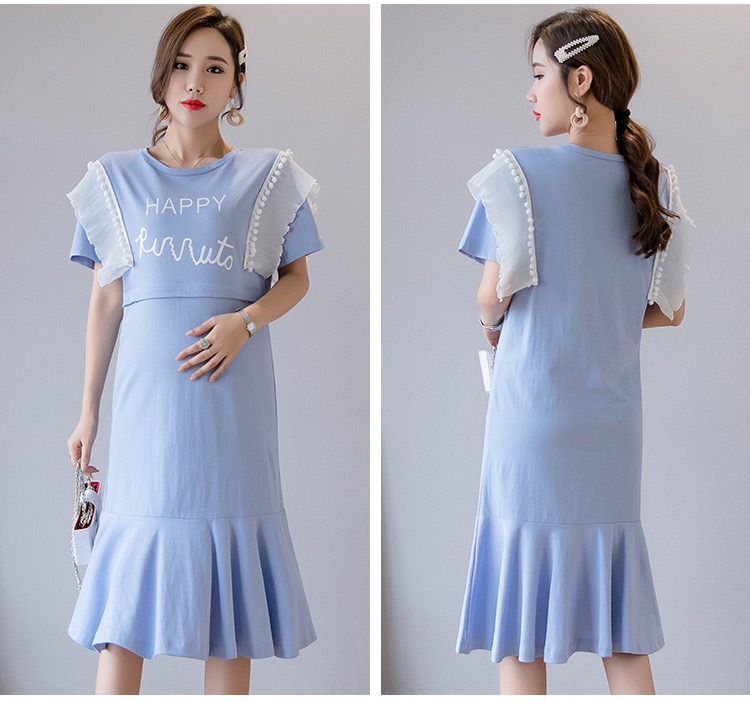 เดรสคลุมท้องแฟชั่นเกาหลี แบบวินเทจ ผ้านิ่ม เปิดให้นมแนวนอน แต่งช่วงไหล่ให้ดูน่ารัก M L XL XXL