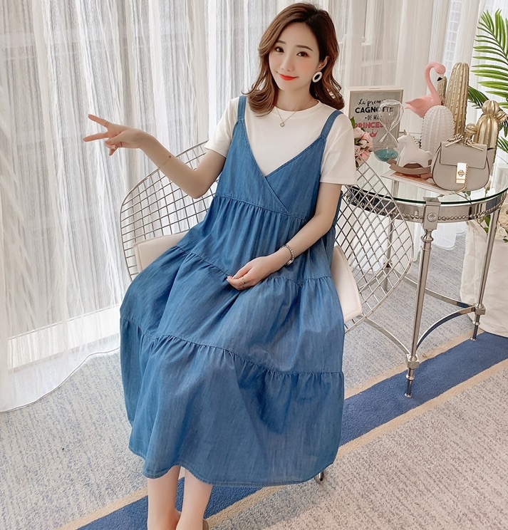 เอี๊ยมกระโปรงคลุมท้องผ้ายีนส์ +เสื้อยืดคอกลม เอี๊ยมยีนส์เนื้อนิ่ม ใส่สบาย ใส่ได้ถึงคลอด M L XL XXL