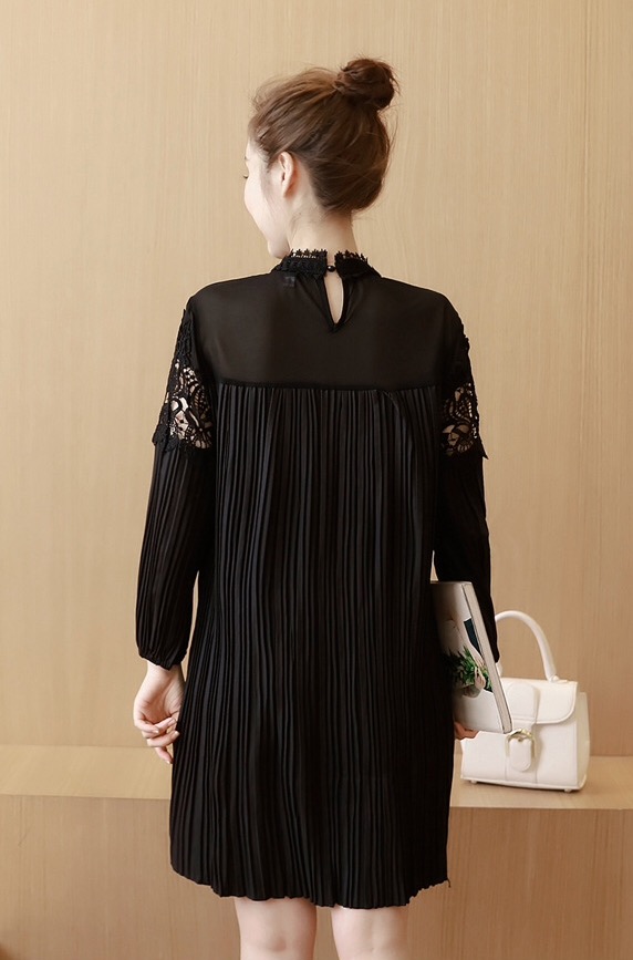 เดรสคลุมท้อง ลูกไม้ดำ แขนยาว ด้านบนซีทรู M,L,XL,XXL