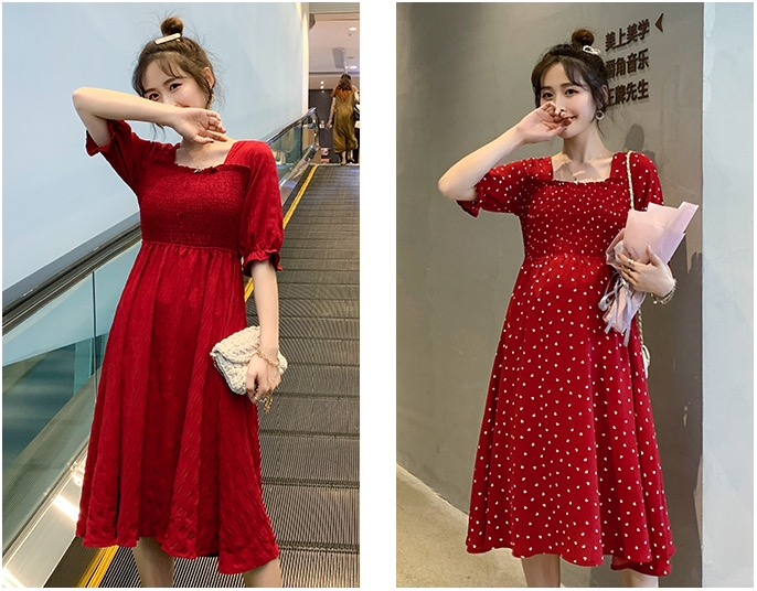 เดรสคลุมท้องแฟชั่น ช่วงอกสม๊อค แขนสั้น เนื้อผ้าทำย่นน่ารัก M L XL XXL