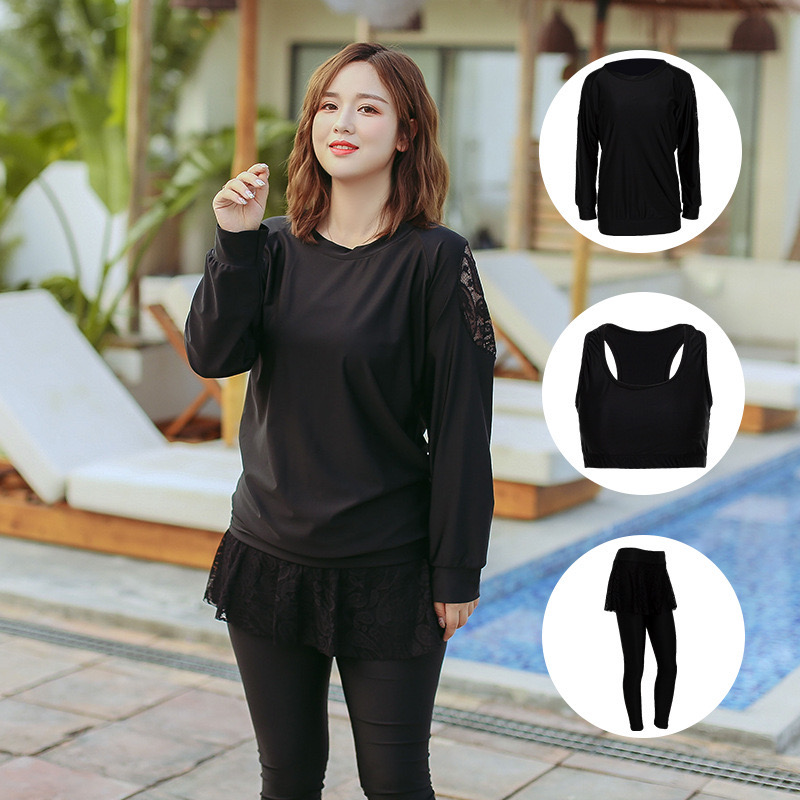 ชุดว่ายน้ำแบบสปอร์ตไซส์ใหญ่ 6xl พร้อมส่ง :ชุดว่ายน้ำคนอ้วนแขนขายาวสีดำแต่งผ้าลูกไม้ set 3 ชิ้นมีบรา เสื้อคลุมแขนยาว และกางเกงขายาวติดกระโปรงลูกไม้ แบบน่ารักมากๆจ้า : - บรารอบอก 38 - 48 นิ้ว - เอว 30 - 40 นิ้ว - สะโพก 34 - 46 นิ้ว- เสื้อคลุมแขนยาว รอบอก 44