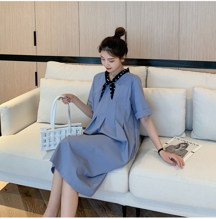 เดรสคลุมท้องแฟชั่นเกาหลี ผ้าฝ้าย ช่วงท้องระบายได้เยอะ ใส่ได้ถึงคลอด ผูกโบว์ที่คอ สวยน่ารักสุภาพ M L XL XXL