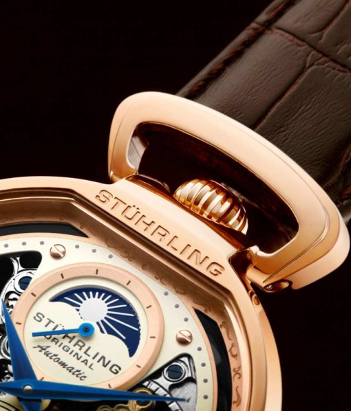Stuhrling Original 889.03 นาฬิกาผู้ชาย Modena Automatic Dual Time Skeleto Leather Strap Men's Watch