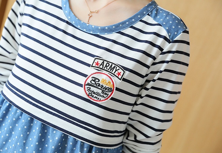 ชุดคลุมท้องเปิดให้นม แขนยาว ลายจุดชายกระโปรงต่อลูกไม้ มีเชือกผูกปรับขนาดครรภ์ M,L,XL