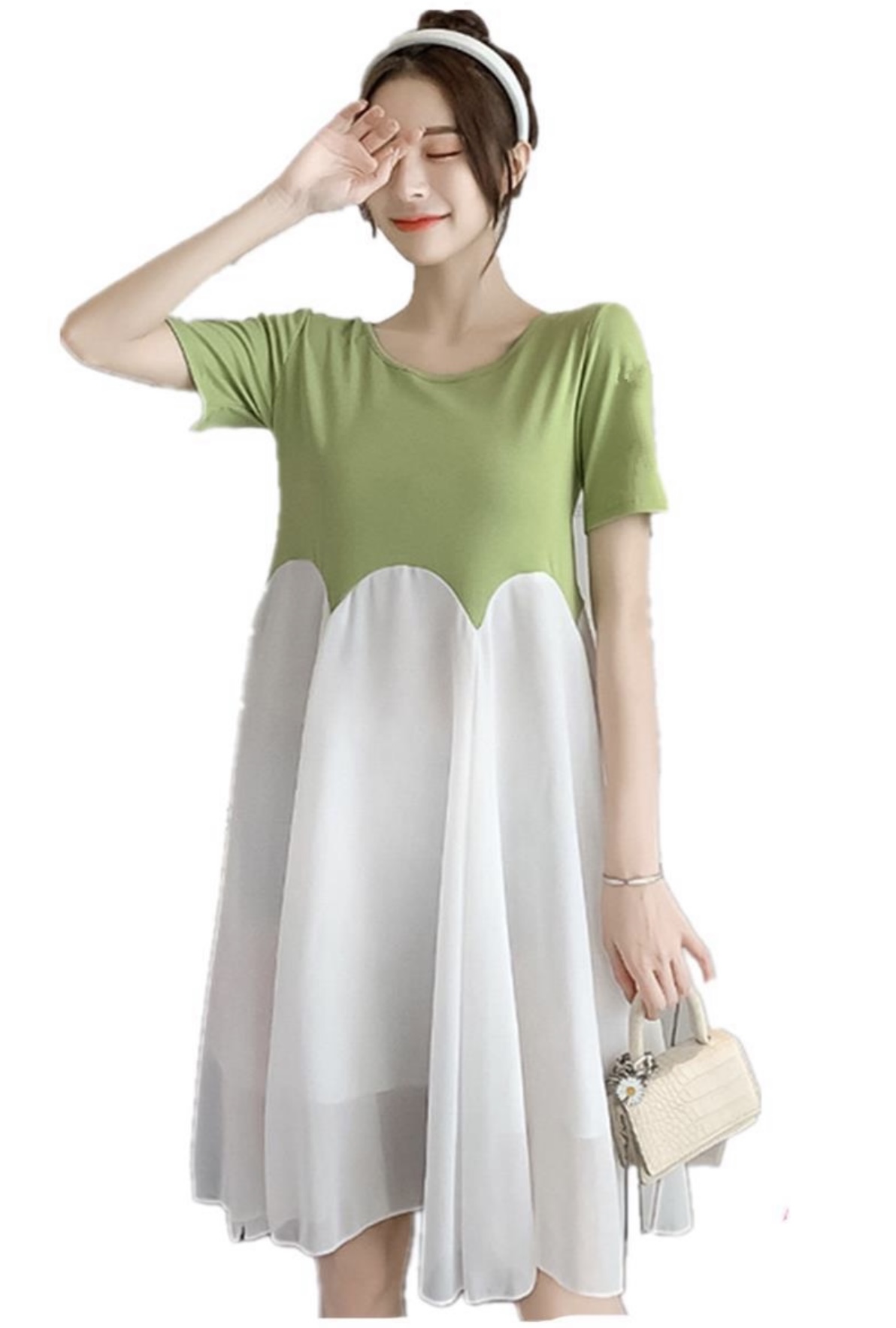 ชุดคลุมท้องเปิดให้นม แขนสั้น ทรงระบาย มีซับใน ด้านหลัง ผูกโบว์น่ารัก ค่ะ M L XL XXL