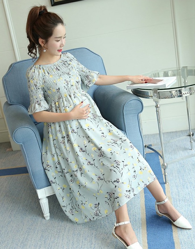 ชุดคลุมท้องเกาหลี สม๊อคเปิดไหล่ก็ได้ แขน3ส่วน ปลายแขนระบาย M,L,XL,XXL