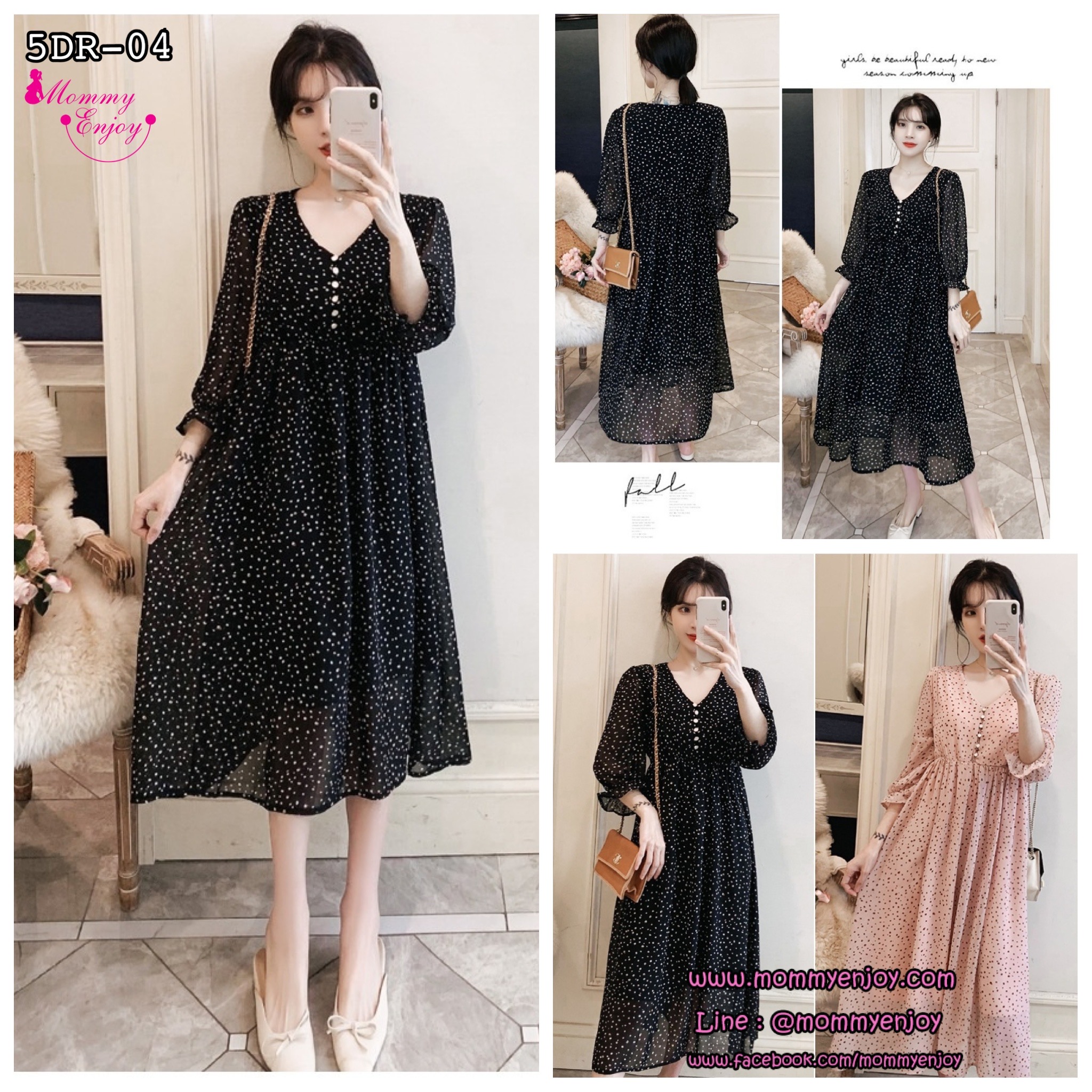เดรสคลุมท้องแฟชั่น ผ้าชีฟองลายจุด แขน4 ส่วน ทำระบายปลายแขน ผ้านิ่ม มีซับใน ใส่สบายถึงคลอด M L XL XXL