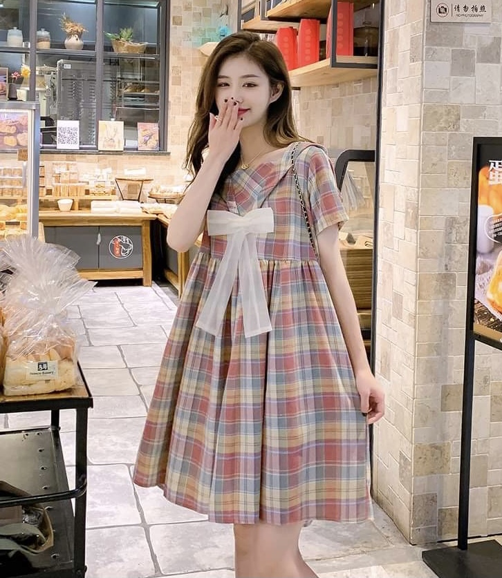 ชุดคลุมท้องเปิดให้นม แขนสั้น ลายสก๊อต มีโบว์ที่คอ ชุดนี้น่ารักมาก M L XL XXL