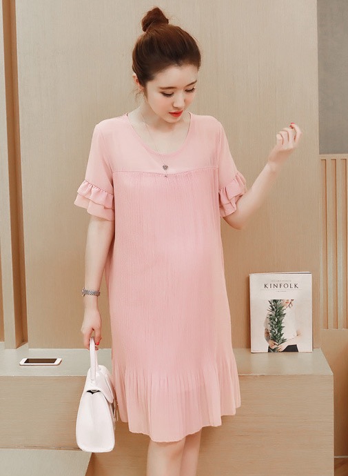 ชุดคลุมท้อง ผ้าชีฟอง ช่วงบนเป็นซีทรู ตัวชุดอัดพรีท น่ารักค่ะ M,L,XL,2XL