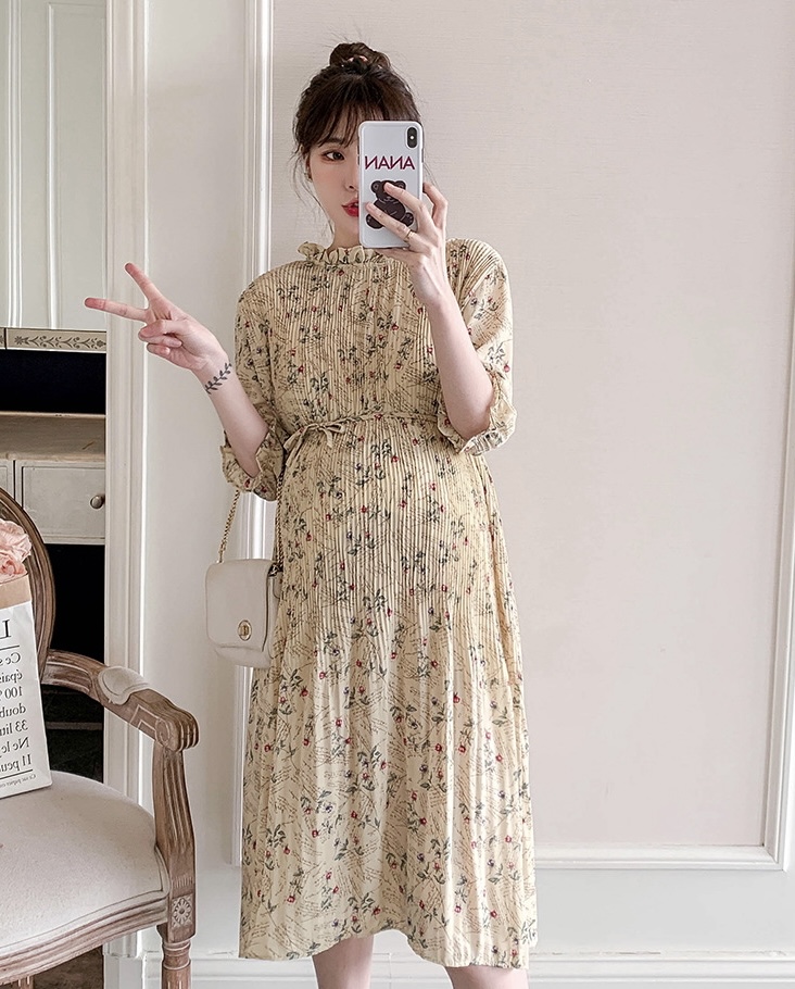 เดรสคลุมท้องแฟชั่น แขนจั้ม3ส่วน ผ้าชีฟองอัดพรีทเล็กช่วงบน สวยมาก มีซับใน มีเชือกผูกอิสระ M L XL XXL