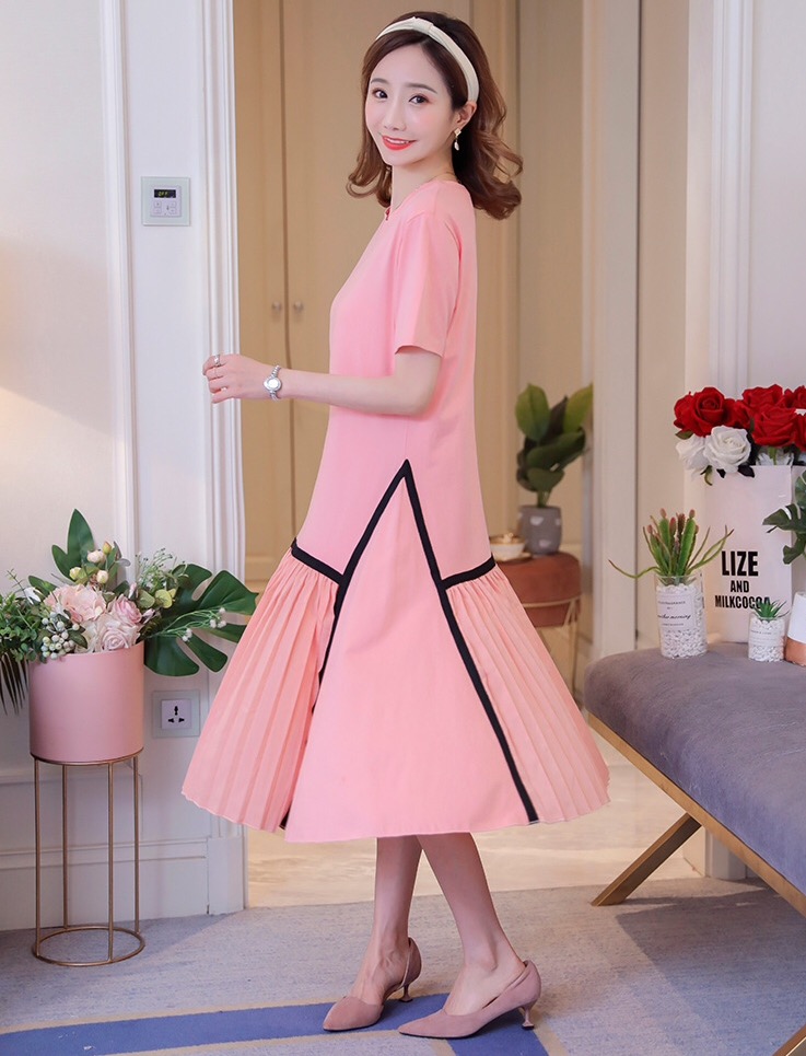 เดรสคลุมท้องแฟชั่น ช่วงบนเป็นผ้ายืดเนื้อนิ่ม ใส่สบาย ช่วงล่างตัดเส้น เป็นชีฟองอัดพรีท M L XL XXL