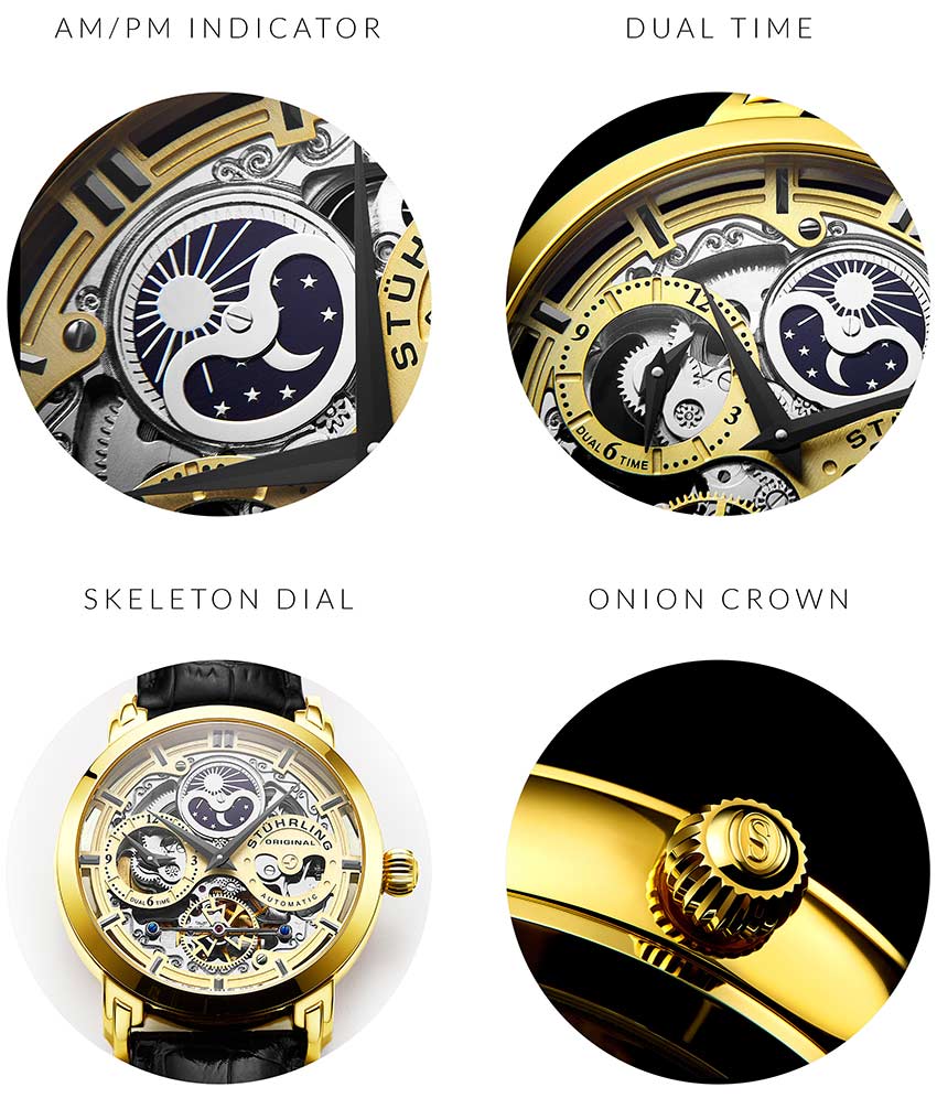 Stuhrling Original 371.02 นาฬิกาผู้ชาย Stuhrling Original รุ่น 371.02, Anatol Automatic Skeleton Dual Time Men's Watch