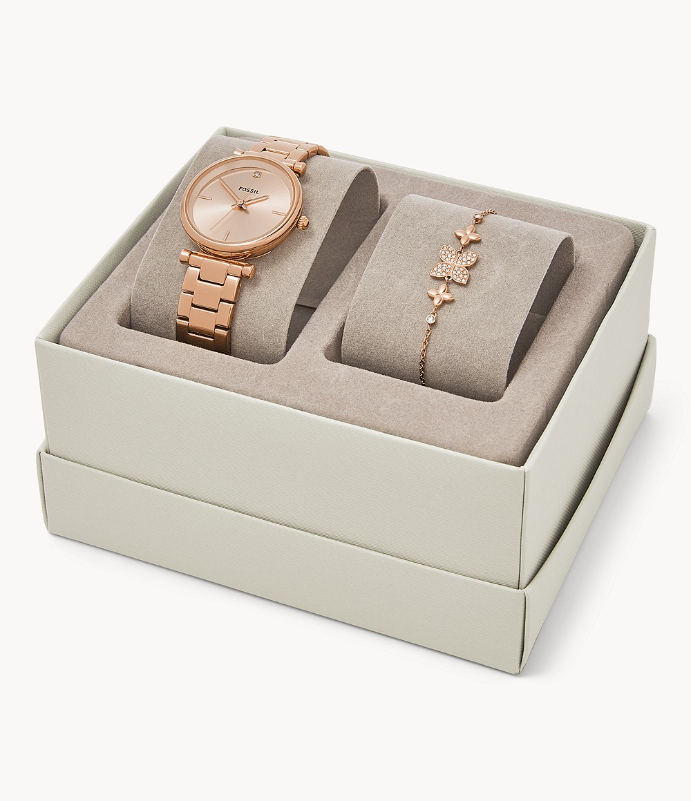 Fossil ES4685SET นาฬิกาผู้หญิง Carlie Three-Hand Rose-Gold-Tone Stainless-Steel and Bracelet Box Set Women's Watch