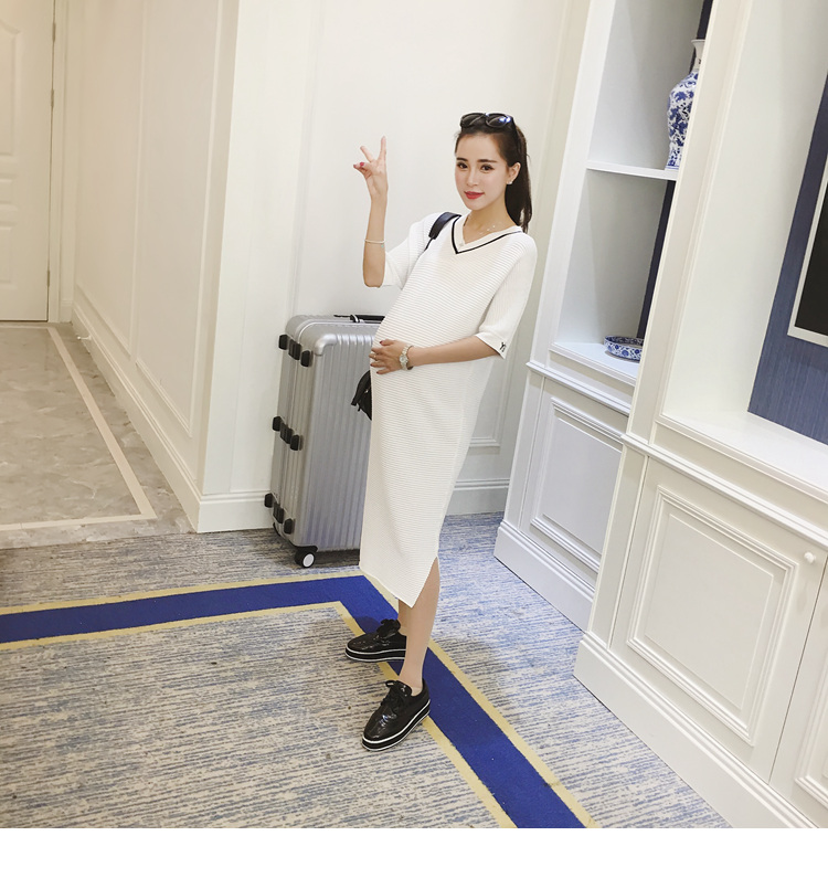 ชุดคลุมท้องแฟชั่นน่ารัก คอวี ผ้าลายนูนเนื้อดี ใส่สบาย เรียบหรู ดูแพง M L XL XXL