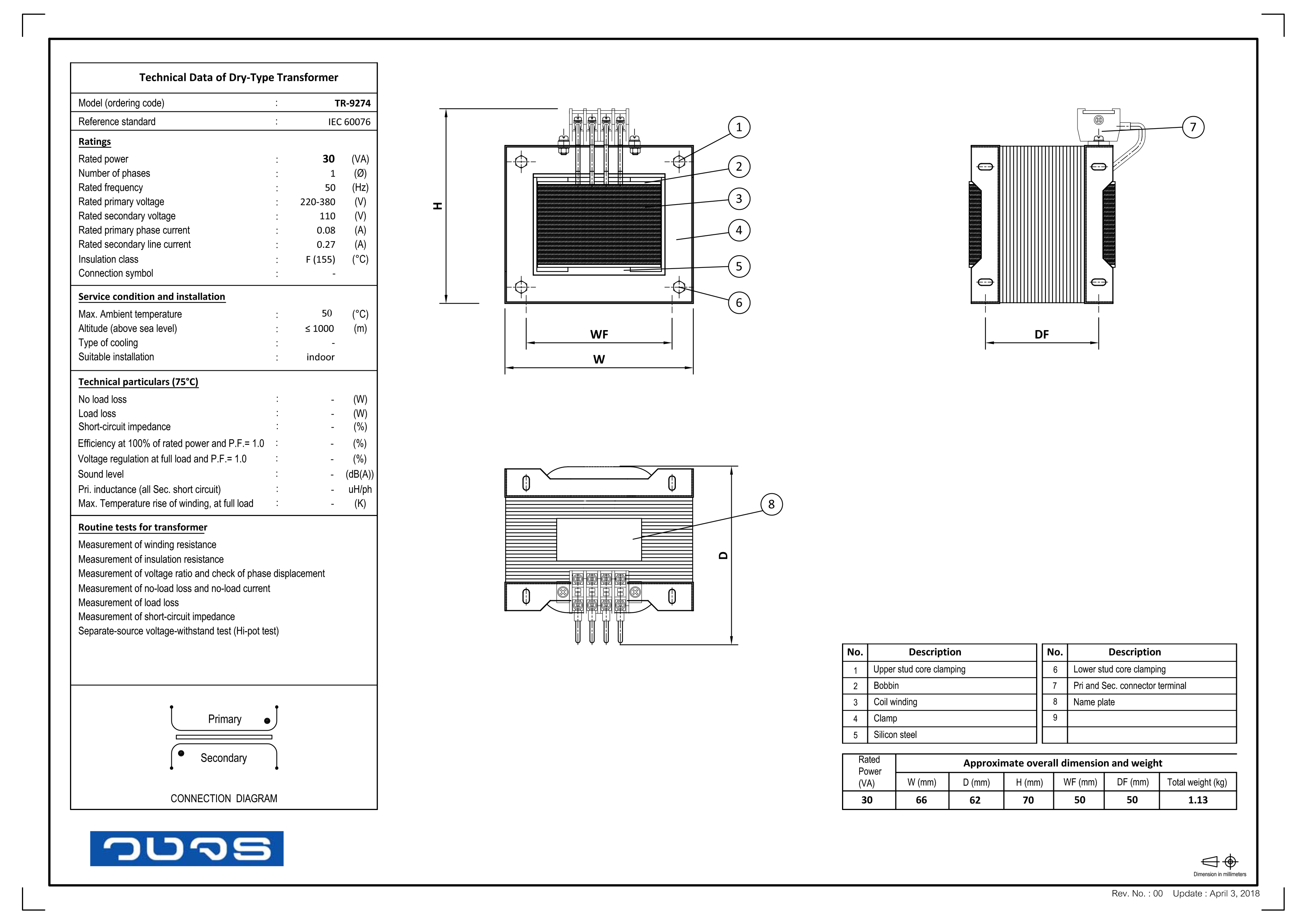 หม้อแปลง Input 0 220 380 VAC Output 0 110 VAC 30 VA