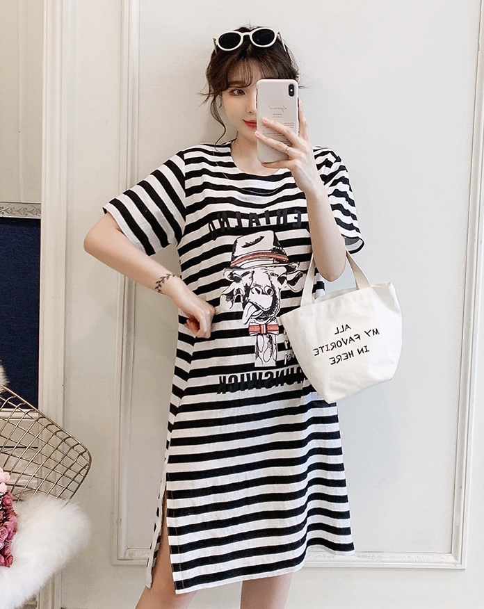 ชุดคลุมท้องแฟชั่นแขนสั้น ลายทาง สไตล์วินเทจ ผ่าข้าง น่ารัก ชิคๆ M L XL XXL