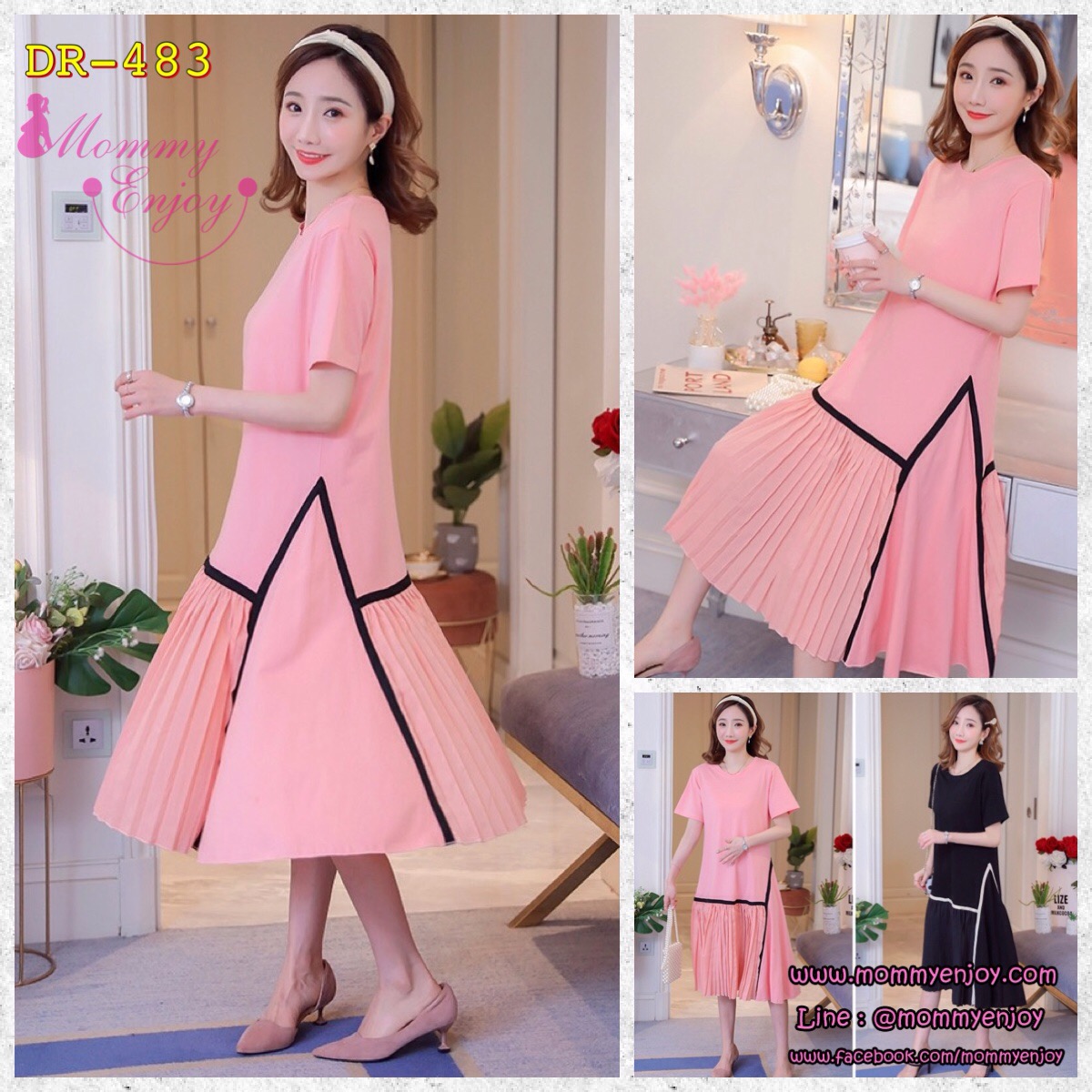เดรสคลุมท้องแฟชั่น ช่วงบนเป็นผ้ายืดเนื้อนิ่ม ใส่สบาย ช่วงล่างตัดเส้น เป็นชีฟองอัดพรีท M L XL XXL