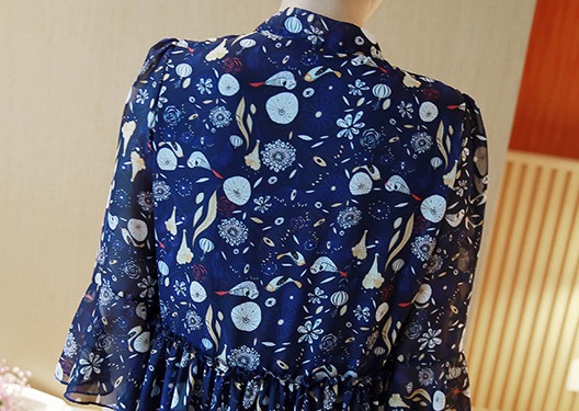 เดรสคลุมท้องแฟชั่นผ้าชีฟอง แขน4ส่วนระบาย ลายน่ารัก มีโบว์ที่คอ มีซับใน M L XL,XXL