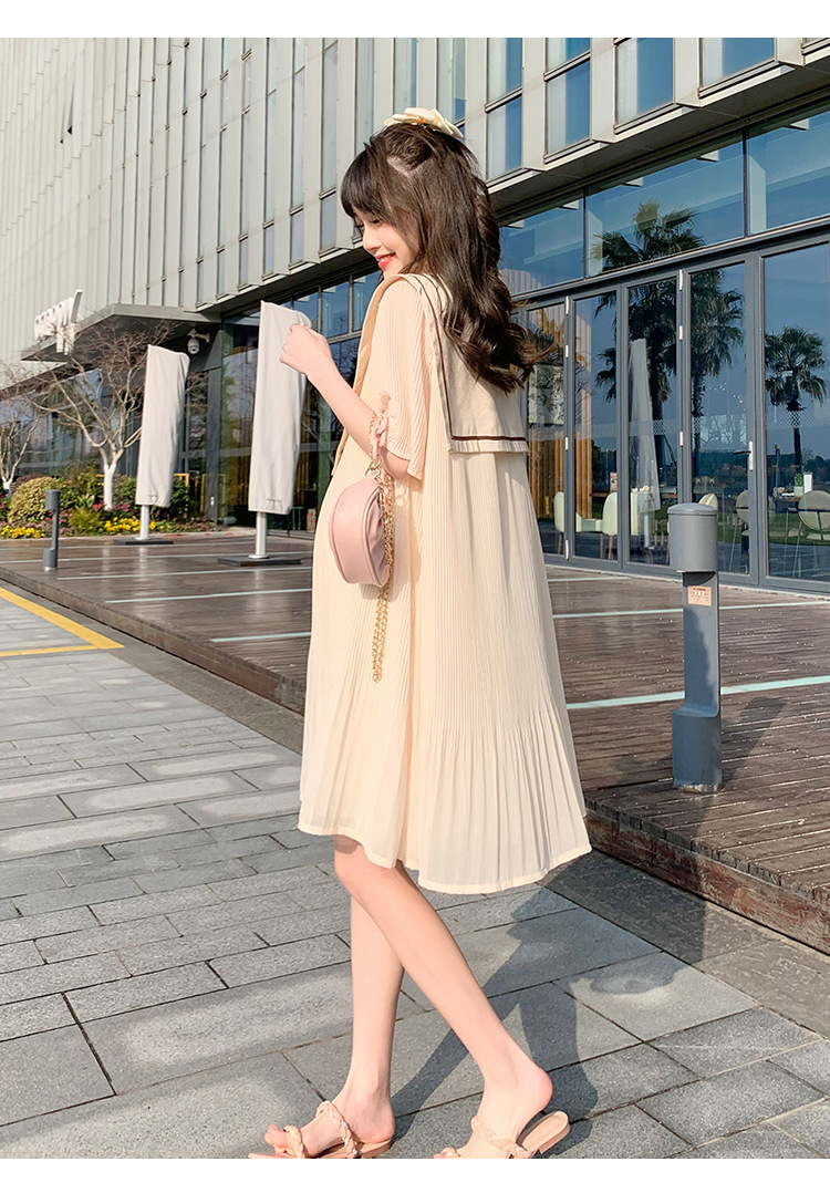 เดรสคลุมท้องแฟชั่นเกาหลี ปกกะลาสีเรือ ผ้าชีฟองอัดพรีท มีซับใน ชุดสวยเนื้อดีมาก M L XL XXL