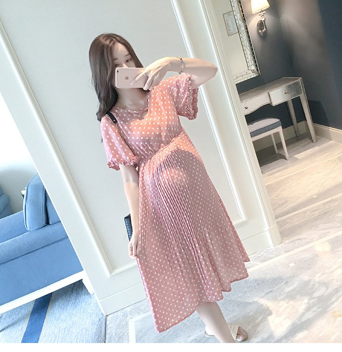 เดรสคลุมท้องแฟชั่น ชุดผ้าชีฟอง ช่วงกระโปรงอัดพรีท ซับในทั้งชุด M,L,XL,XXL