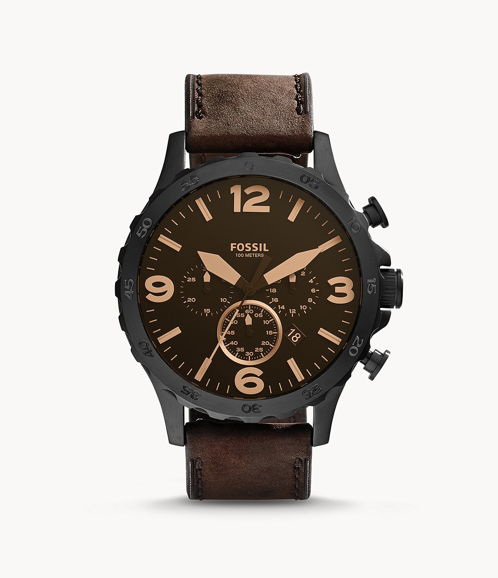Fossil JR1487 นาฬิกาผู้ชาย Nate Chronograph Brown Leather Men's Watch