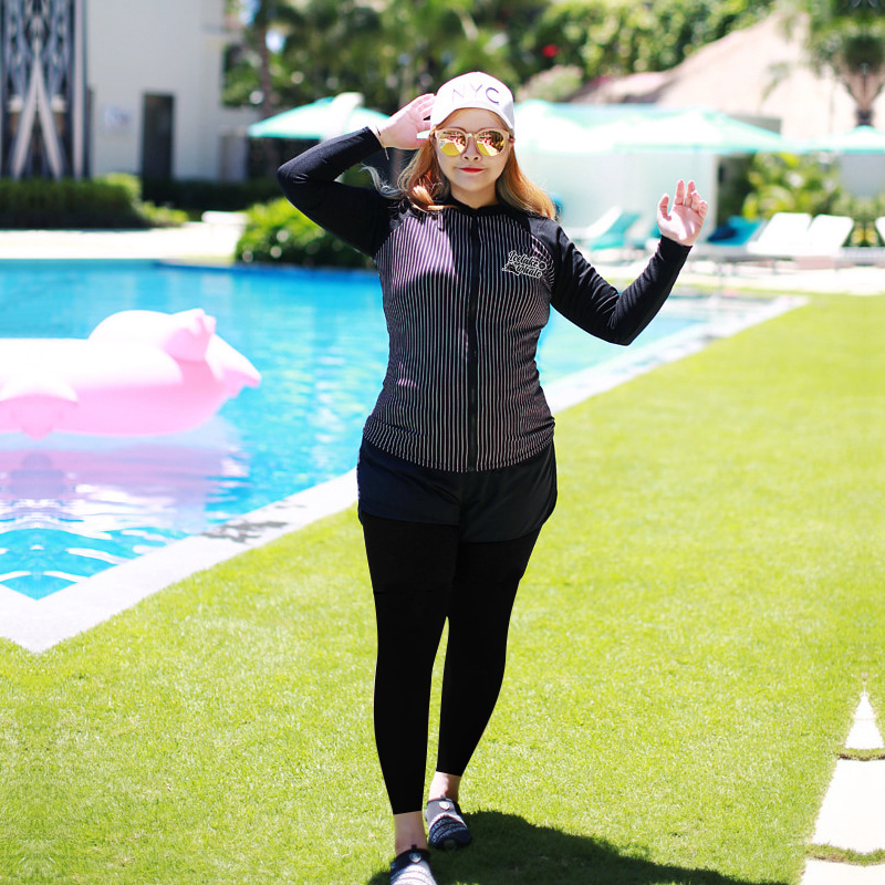 ชุดว่ายน้ำคนอ้วน แขนยาวแบบสปอร์ต 5xl พร้อมส่ง :ชุดว่ายน้ำไซส์ใหญ่แต่งลายทางแขนขายาว set 5ชิ้นมีบรา เสื้อคลุมแขนยาวซิปหน้า บิกินี่ กางเกงขาสั้นและกางเกงขายาว แบบสวยน่ารักมากๆจ้า :- บรารอบอก 40 - 50 นิ้ว- บิกินี่ เอว 34 - 44 นิ้ว // สะโพกเปิด - กางเกงขาสั้น